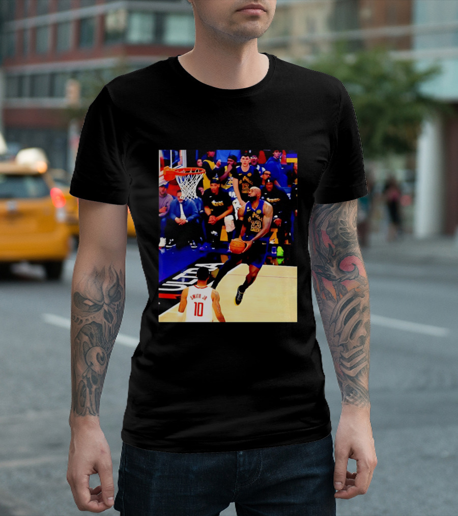 LeBron James Los Angeles Lakers Dunking Action Photo T-Shirt