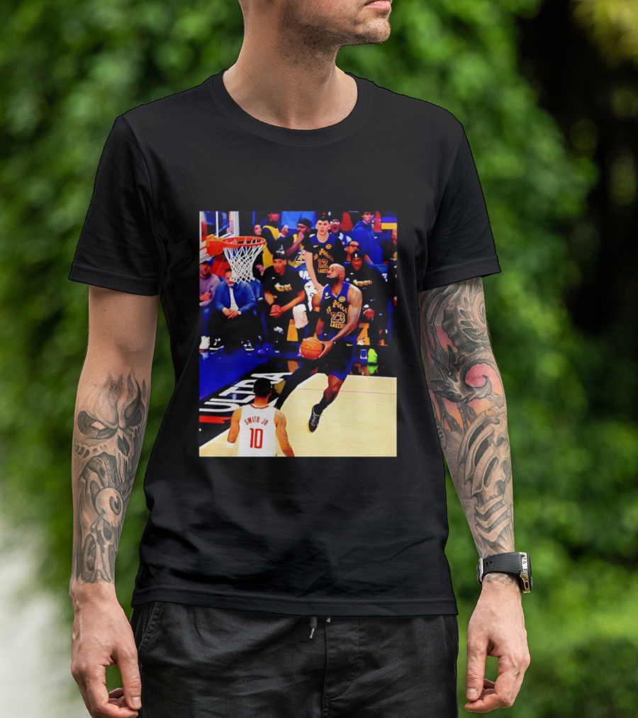 LeBron James Los Angeles Lakers Dunking Action Photo T-Shirt