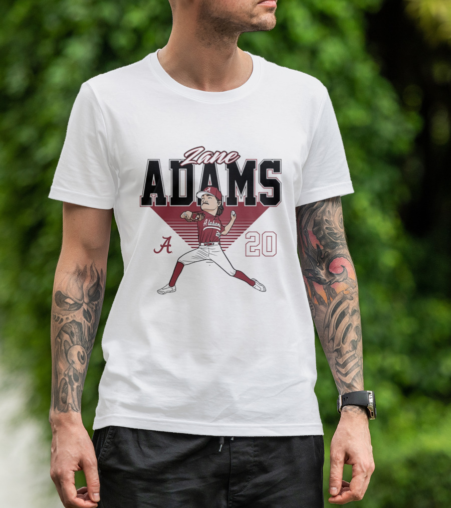 Zane Adams 20 Alabama Crimson Tide Baseball Caricature Player Pitching T-Shirt