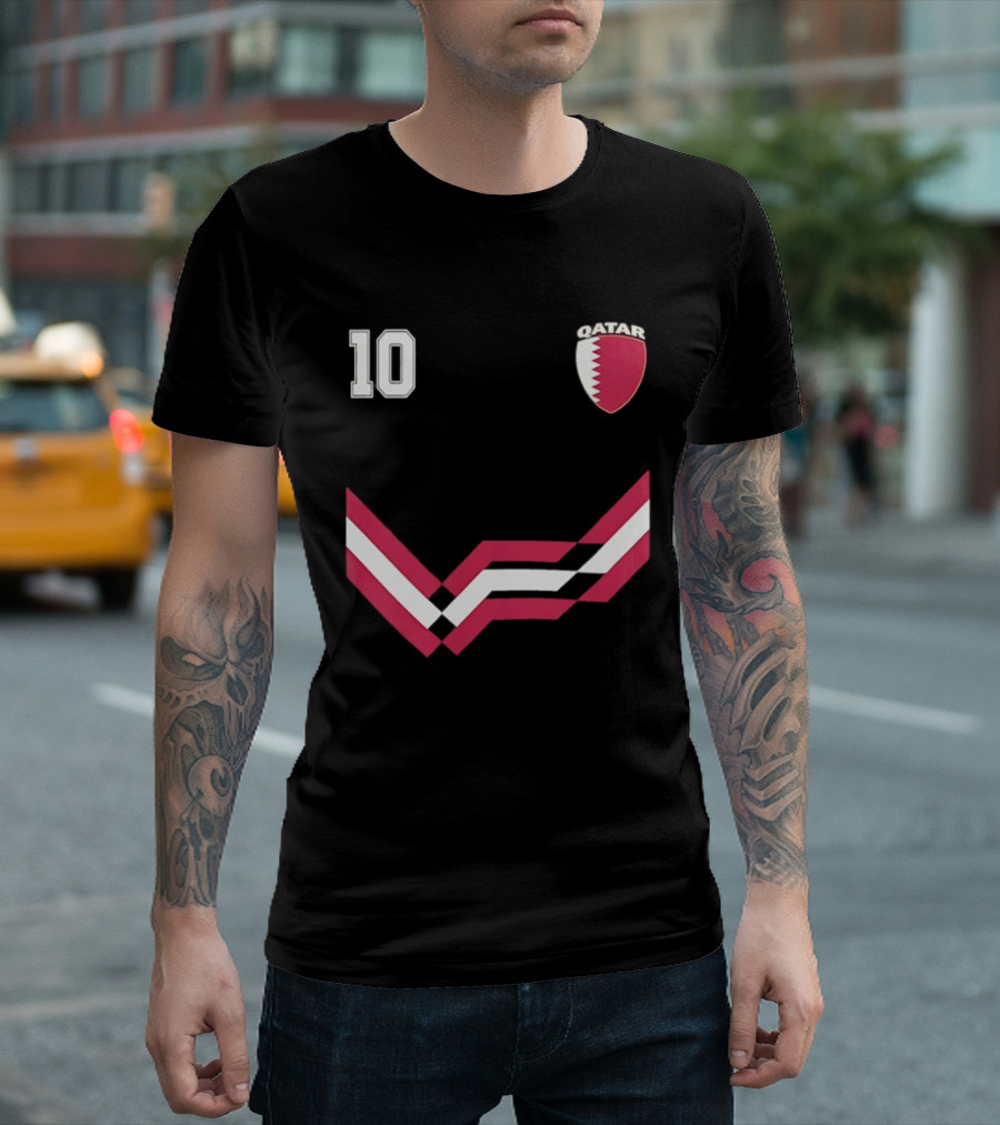 Akram Afif Qatar 10 Soccer Badge Red Chevron T-Shirt