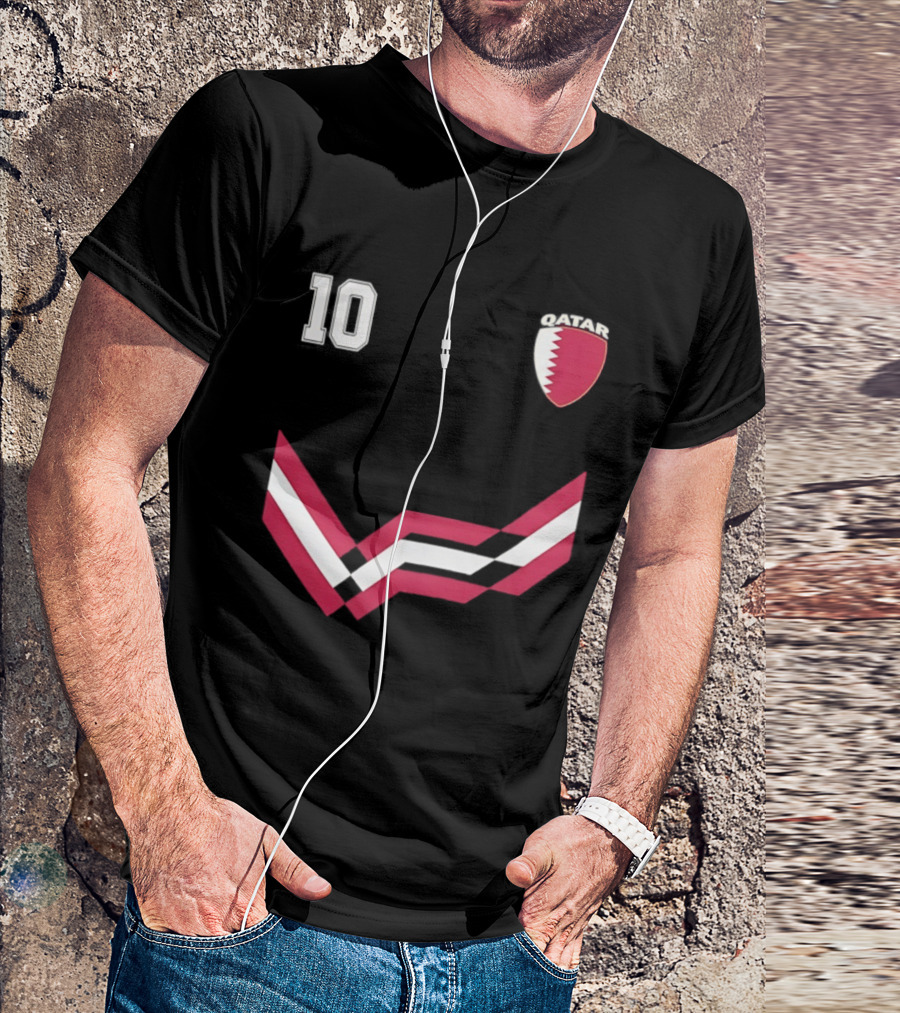 Akram Afif Qatar 10 Soccer Badge Red Chevron T-Shirt
