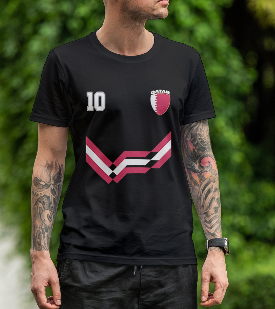 Akram Afif Qatar 10 Soccer Badge Red Chevron T-Shirt