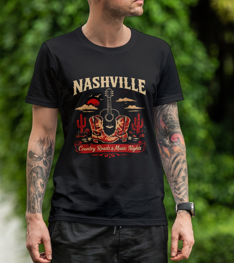 Nashville Country Roads Music Nights Boots Guitar Desert Cactus Moon Clouds T-Shirt