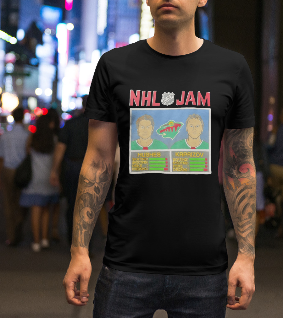 NHL Jam Hughes Kaprizov Minnesota Wild Skating Shooting Deke Checking T-Shirt