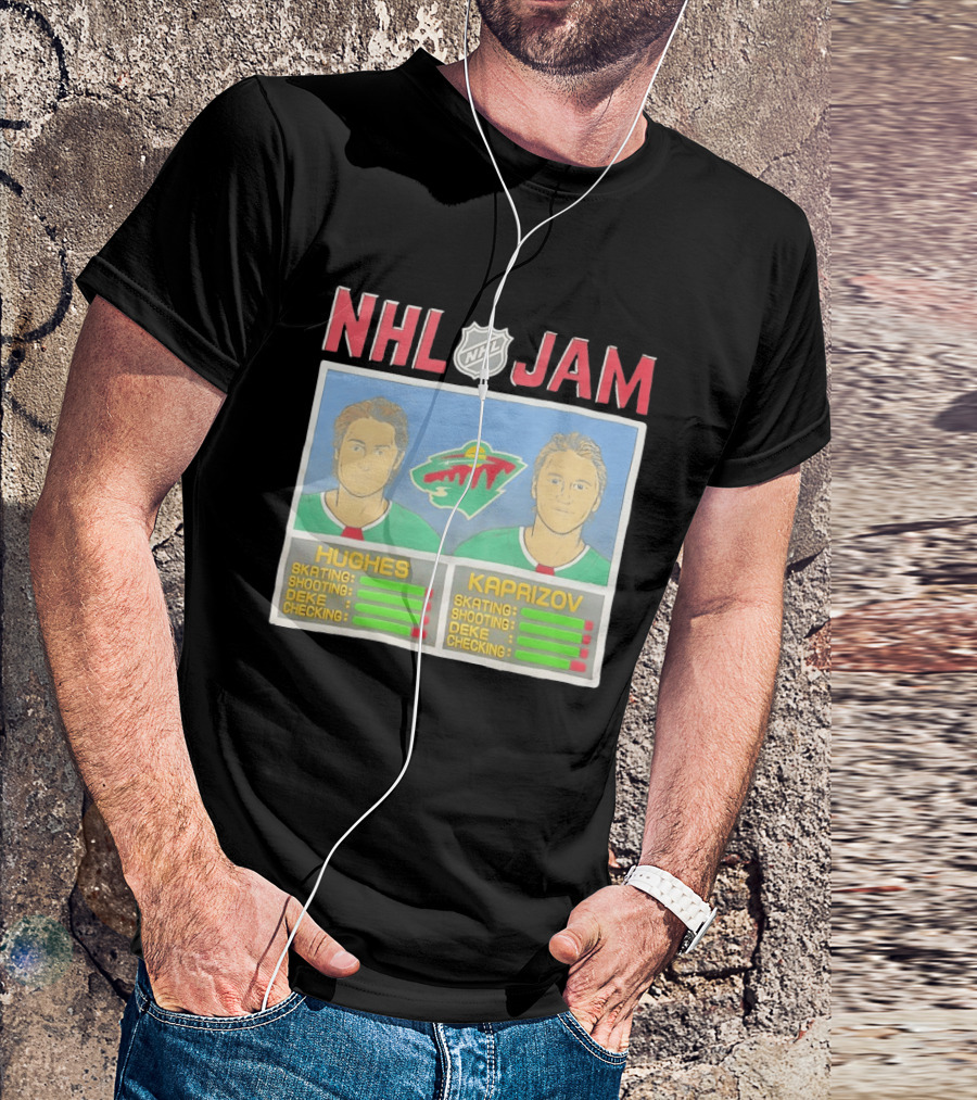 NHL Jam Hughes Kaprizov Minnesota Wild Skating Shooting Deke Checking T-Shirt