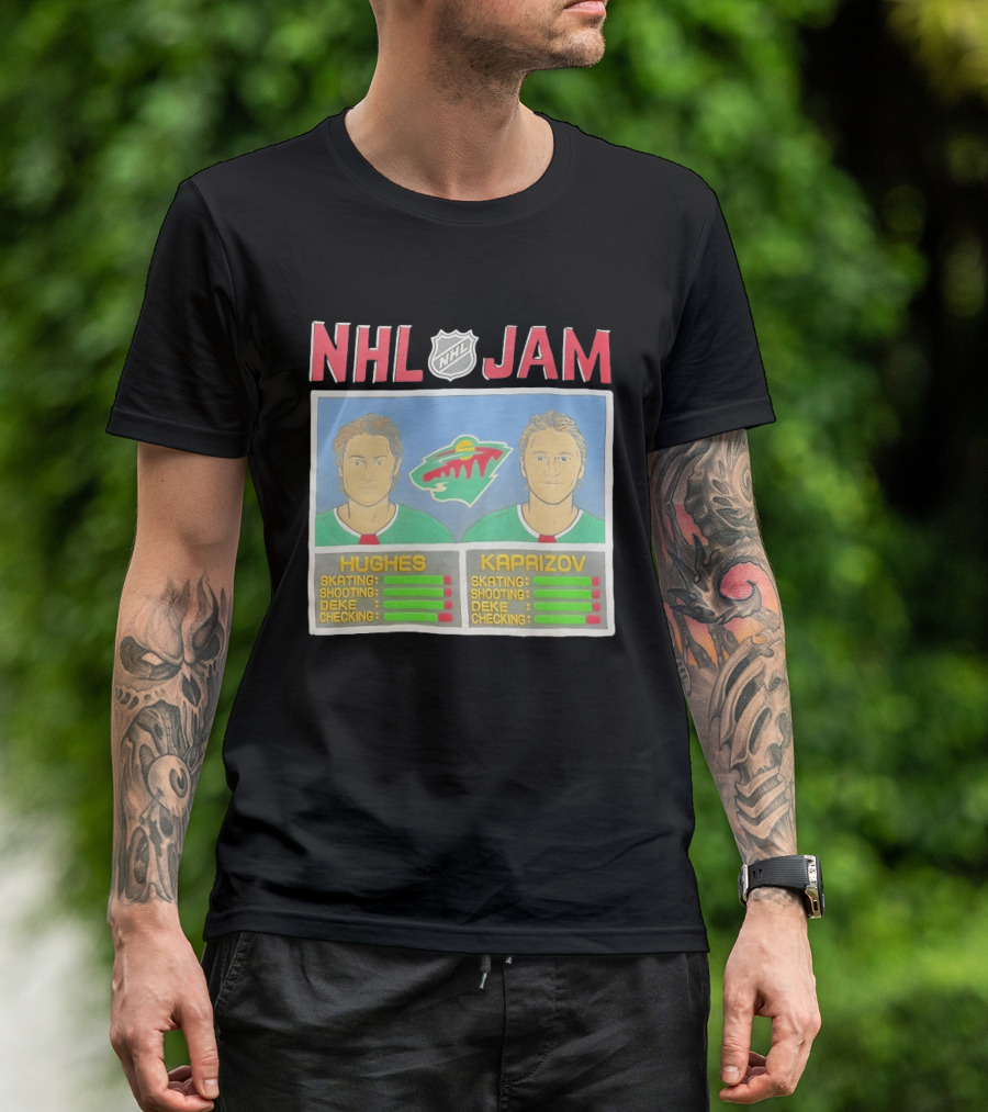 NHL Jam Hughes Kaprizov Minnesota Wild Skating Shooting Deke Checking T-Shirt