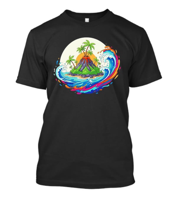 Sure! Here's The New Title: "Tropical Island Volcano At Sunset With Ocean Waves T-Shirt