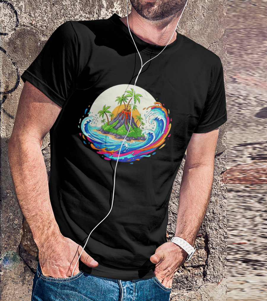 Sure! Here's The New Title: "Tropical Island Volcano At Sunset With Ocean Waves T-Shirt