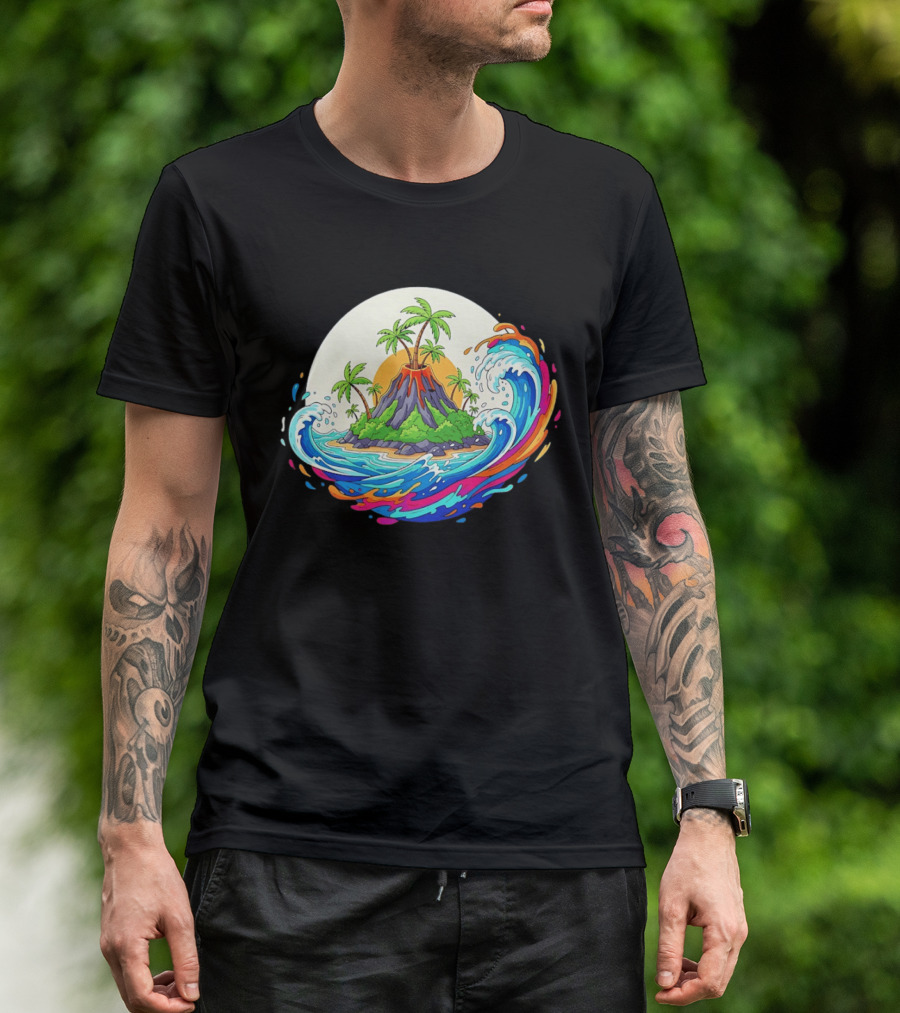 Sure! Here's The New Title: "Tropical Island Volcano At Sunset With Ocean Waves T-Shirt