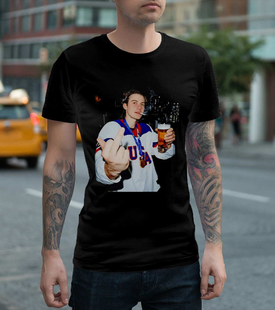 USA Hockey Player Victory Celebration Smoking Beer Middle Finger T-Shirt