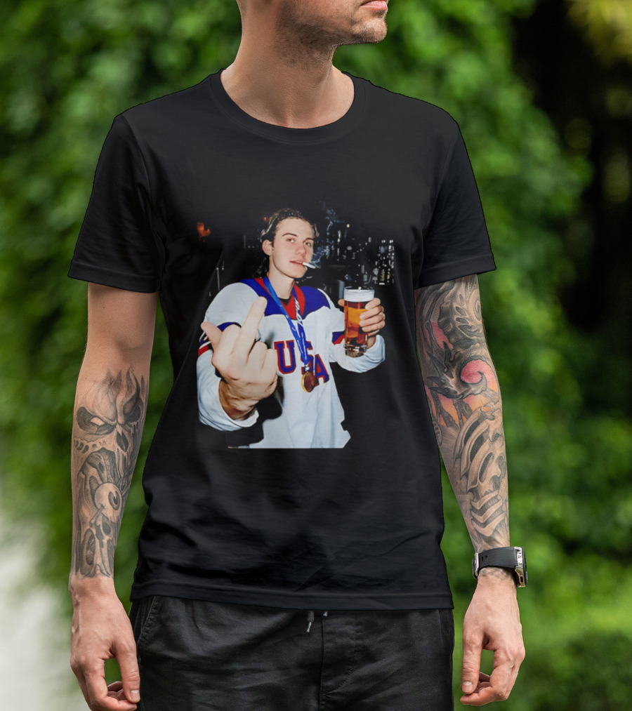 USA Hockey Player Victory Celebration Smoking Beer Middle Finger T-Shirt
