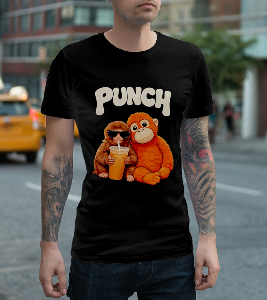 PUNCH Brown Monkey With Orange Plush And Iced Drink T-Shirt