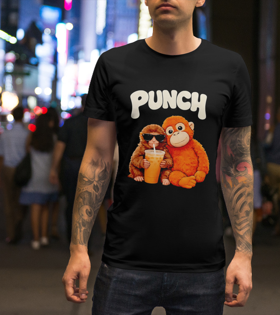 PUNCH Brown Monkey With Orange Plush And Iced Drink T-Shirt
