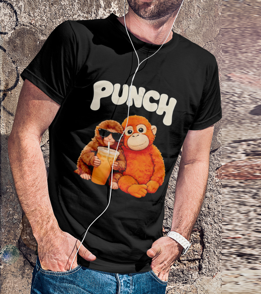 PUNCH Brown Monkey With Orange Plush And Iced Drink T-Shirt