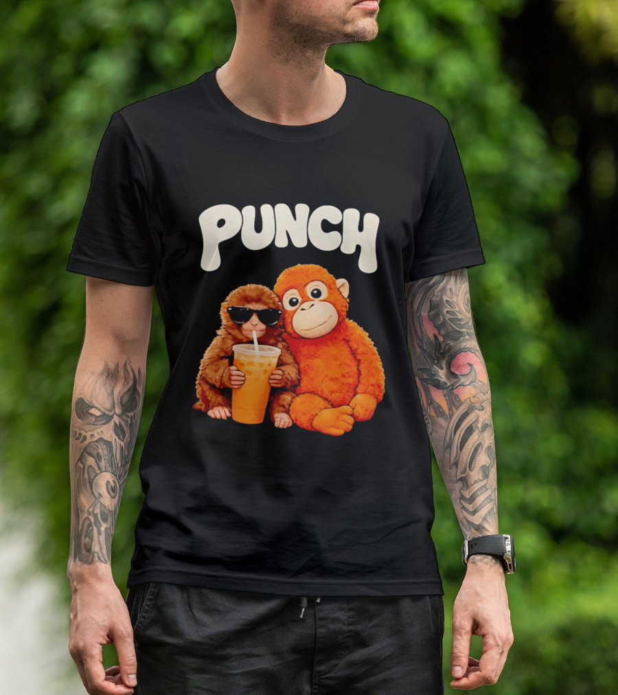 PUNCH Brown Monkey With Orange Plush And Iced Drink T-Shirt
