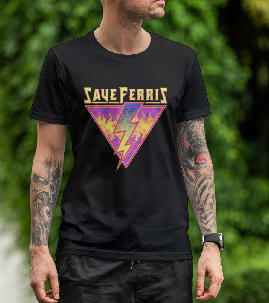 Save Ferris Lightning Bolt Retro 80s Flames T-Shirt