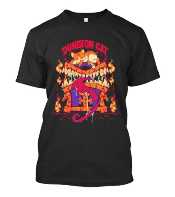 Dungeon Cat Sleeping On Monstrous Chest Surrounded By Flames And Tentacles T-Shirt
