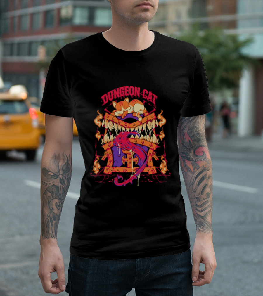 Dungeon Cat Sleeping On Monstrous Chest Surrounded By Flames And Tentacles T-Shirt