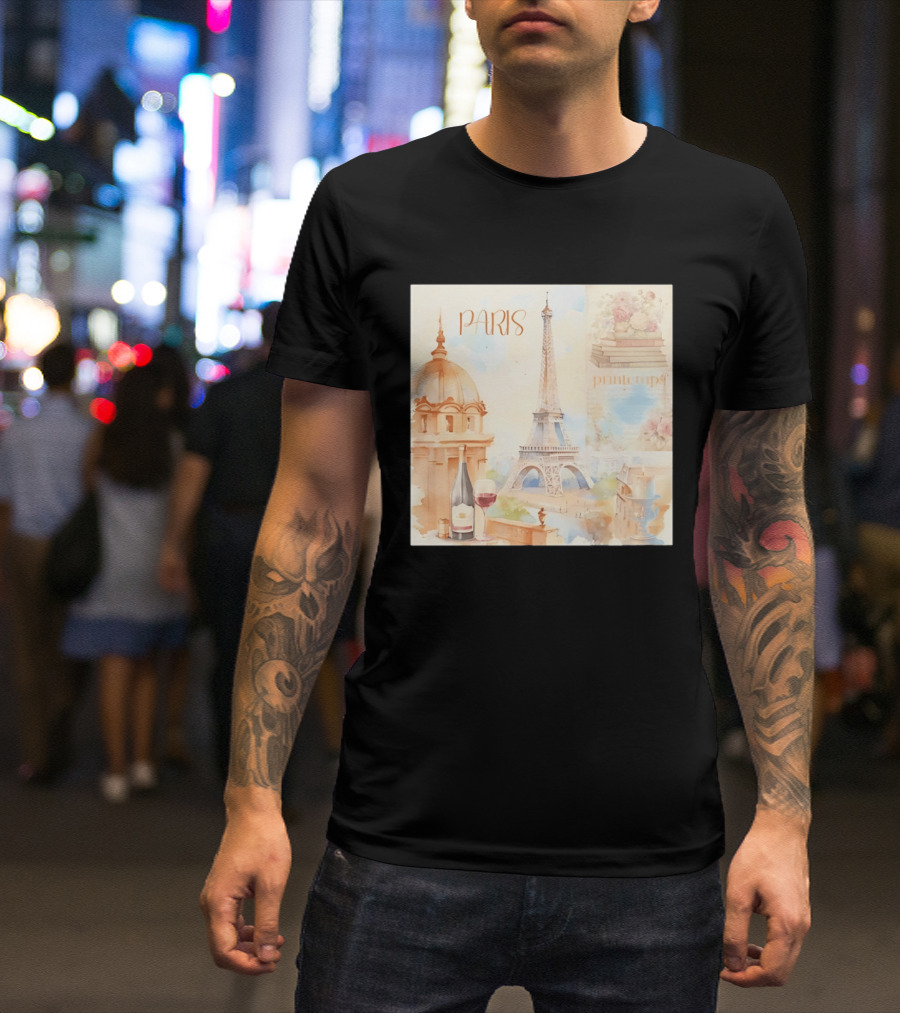 Paris Printemps Eiffel Tower Wine Flowers Books T-Shirt
