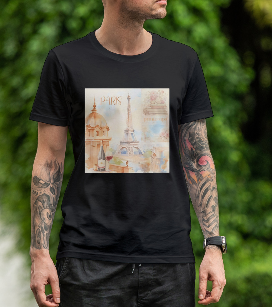 Paris Printemps Eiffel Tower Wine Flowers Books T-Shirt
