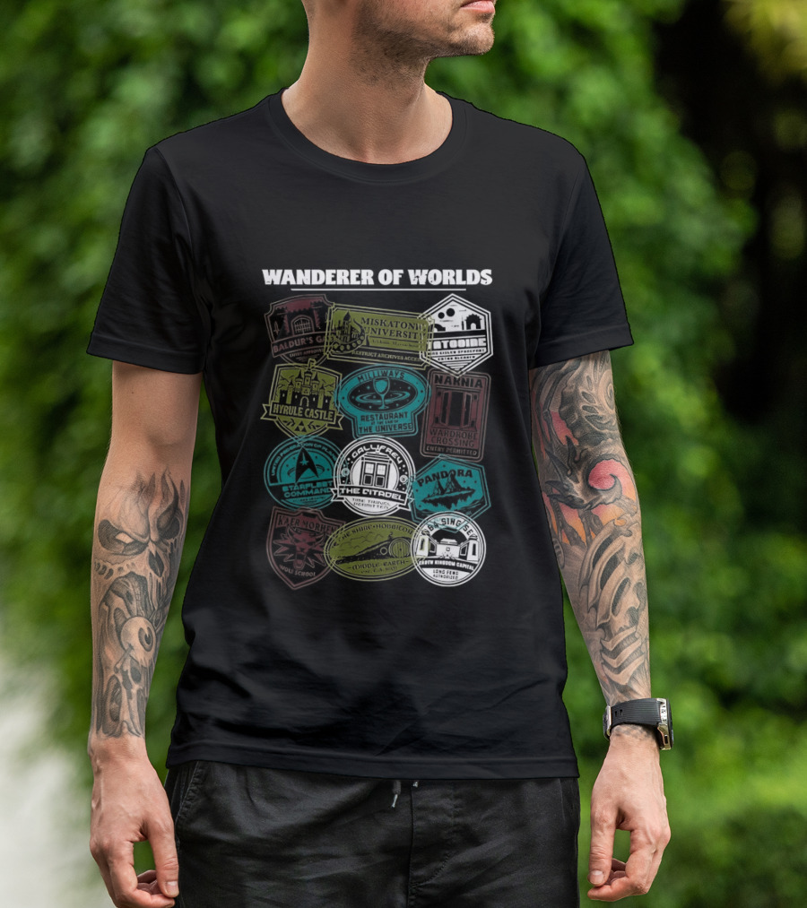 Wanderer Of Worlds Travelers Interdimensional Passport Stamps Portal Adventures T-Shirt