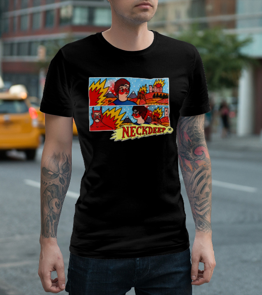 Neck Deep 10 Year Anniversary Comic Style Superhero Scene T-Shirt