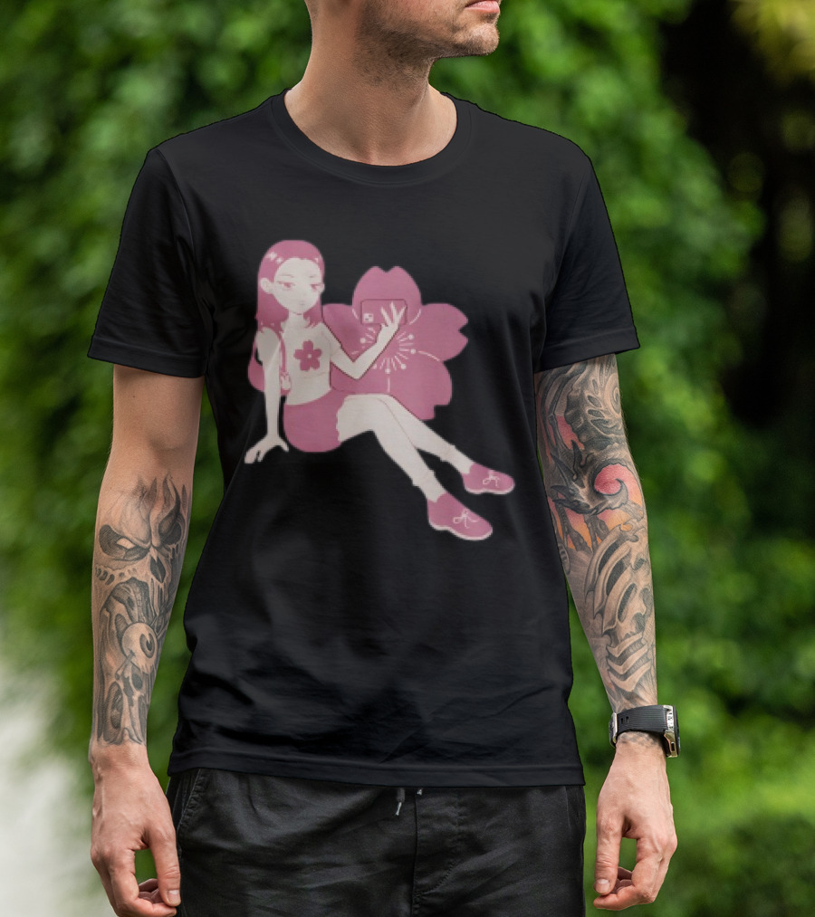 Mandys Brown Anime Style Girl Sakura Blossom Pattern T-Shirt