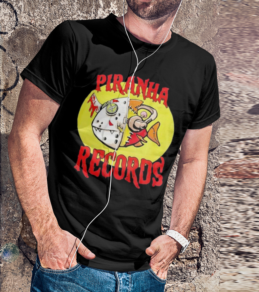 Piranha Records Cartoon Fish Bite Graphic T-Shirt
