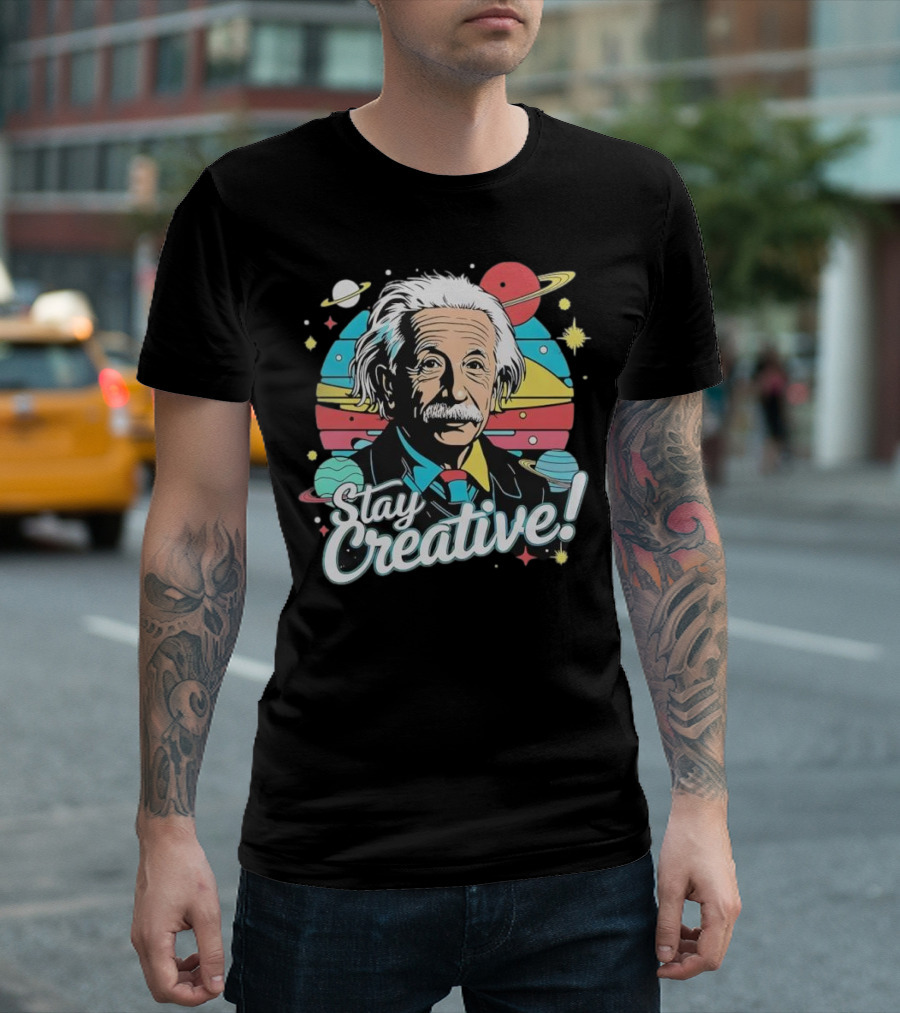 Albert Einstein Stay Creative Vintage Planets Space Theme T-Shirt