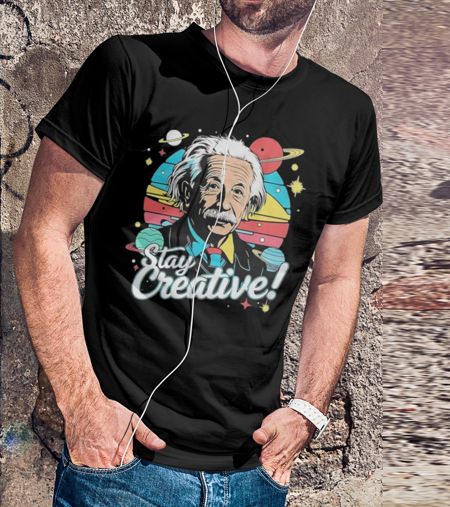 Albert Einstein Stay Creative Vintage Planets Space Theme T-Shirt