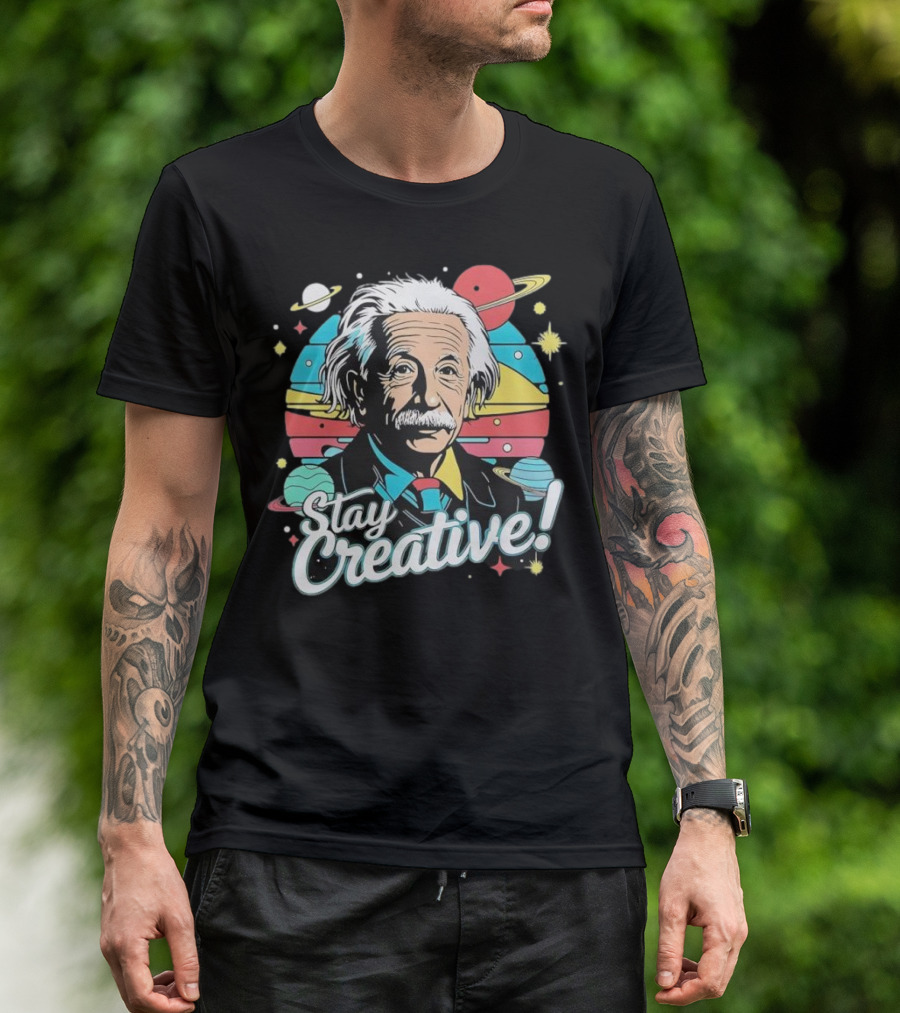 Albert Einstein Stay Creative Vintage Planets Space Theme T-Shirt