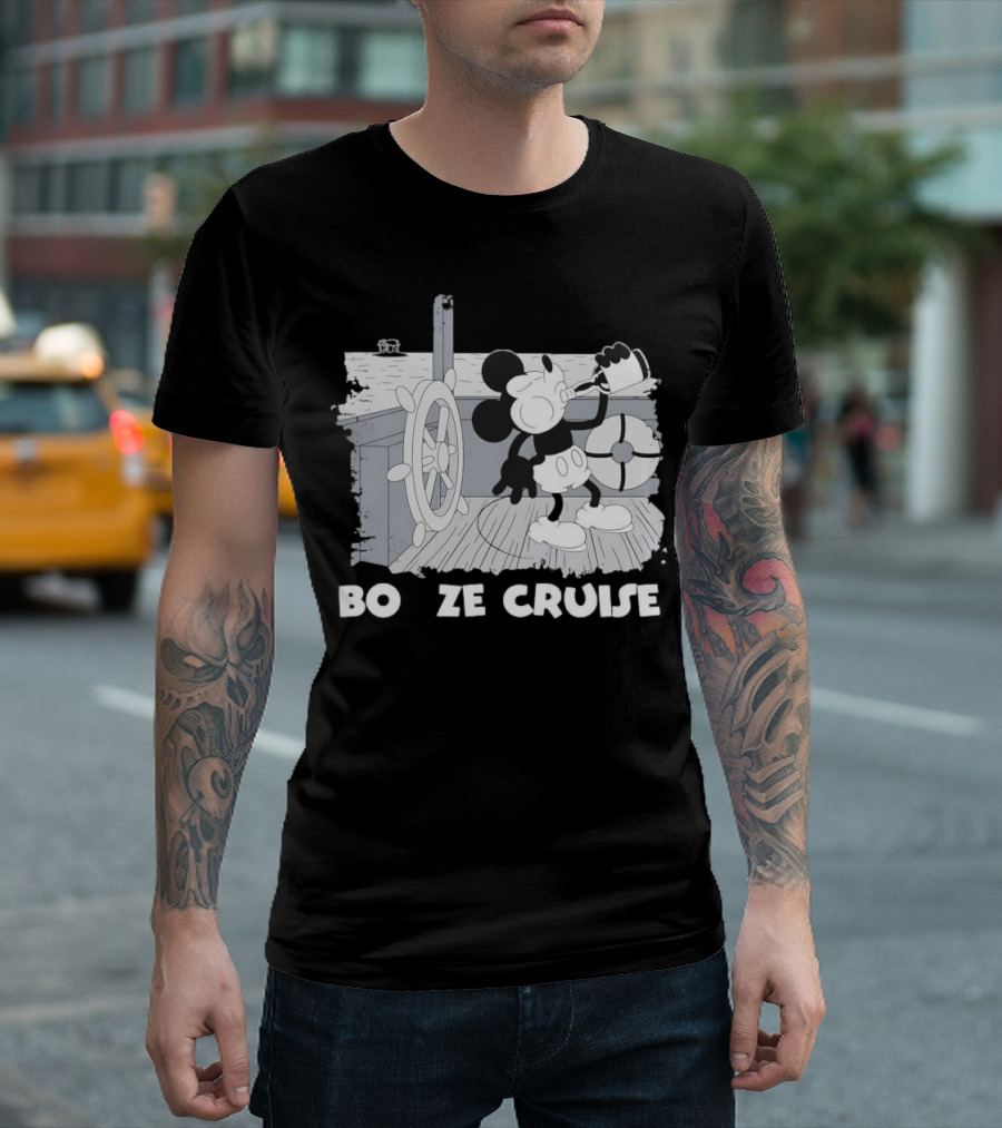 Booze Cruise Cartoon Character With On Vintage Sailing Scene T-Shirt