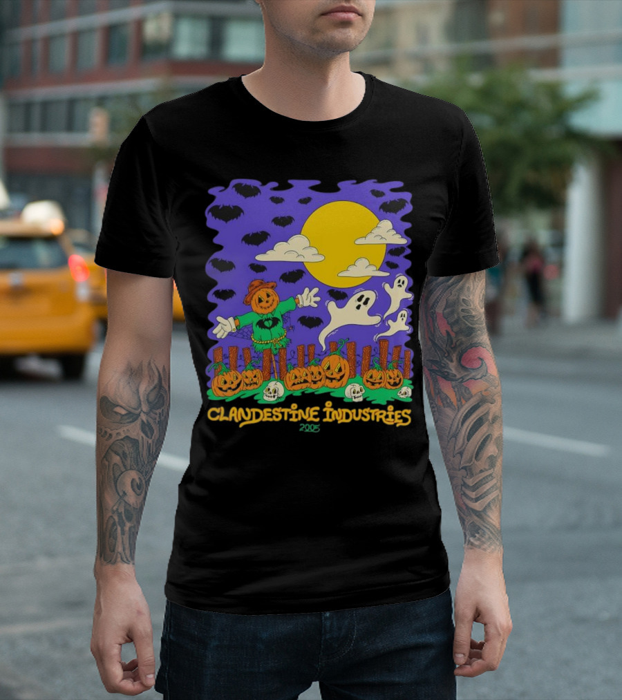 Clandestine Industries 2005 Halloween Scarecrow Ghosts Pumpkins Bats T-Shirt