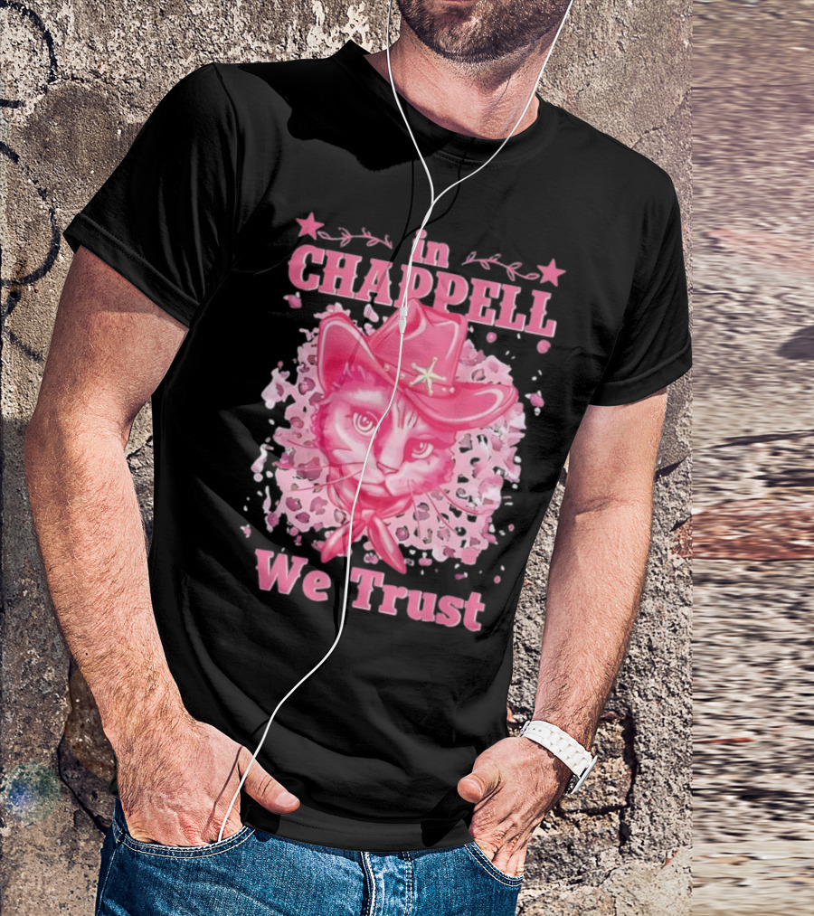 Cute Retro Cat In Chappell We Trust Cowboy Hat Pink Stars T-Shirt