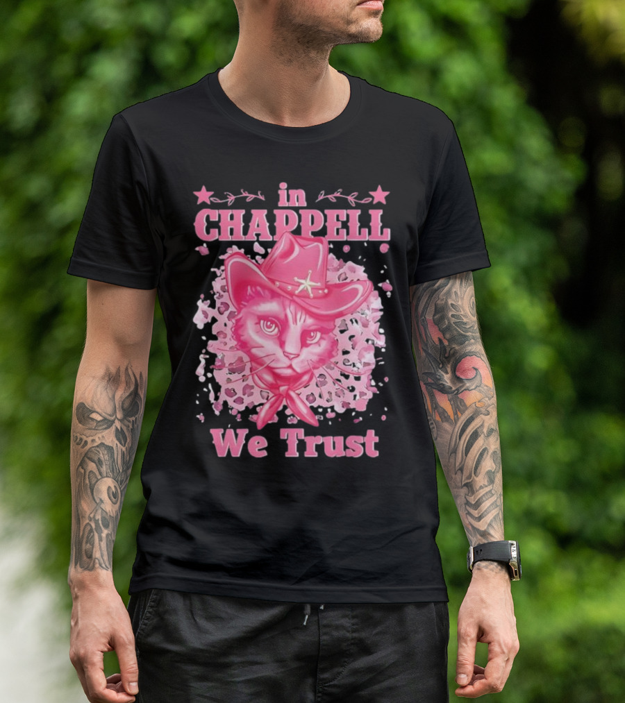 Cute Retro Cat In Chappell We Trust Cowboy Hat Pink Stars T-Shirt