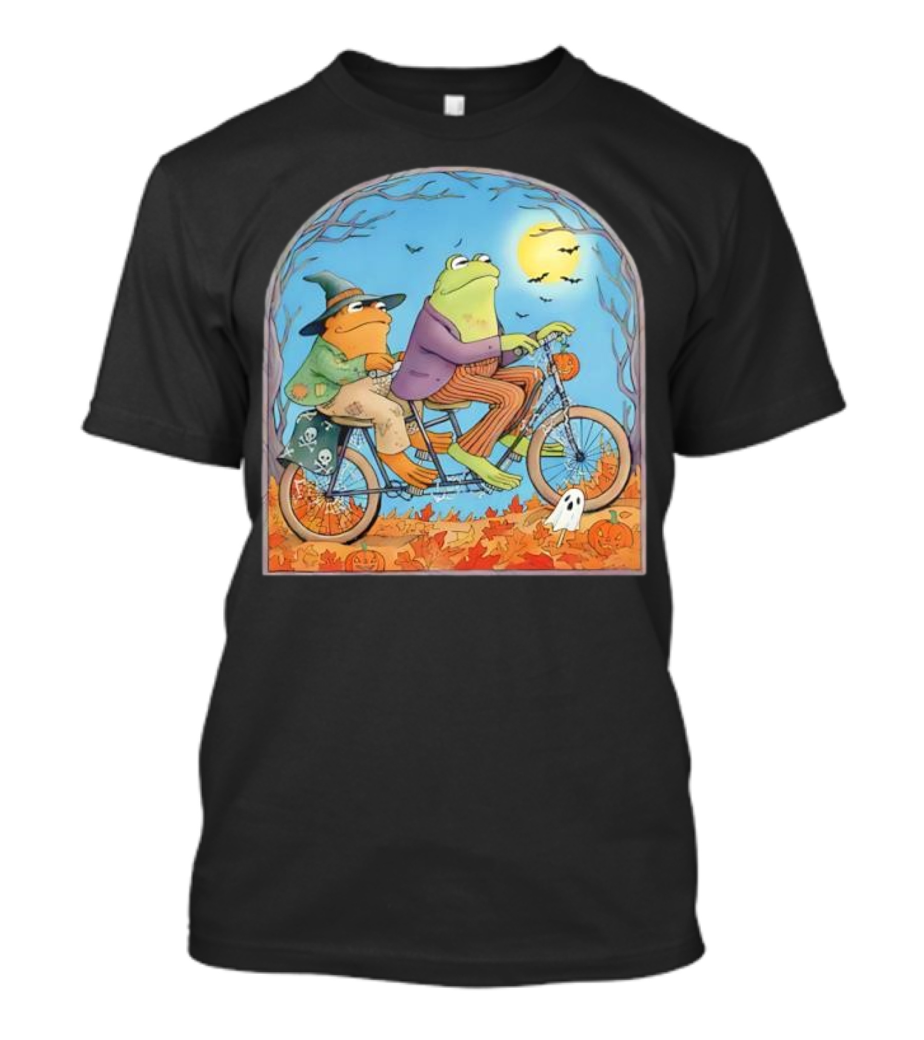 Vintage Frog And Toad Halloween Tandem Bike Moonlit Scene T-Shirt