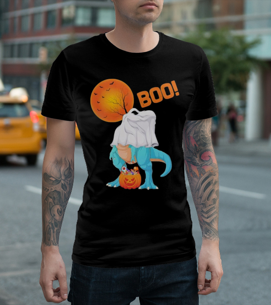 Ghost Dinosaur Rex Boo Halloween Pumpkin Boys Men T-Shirt