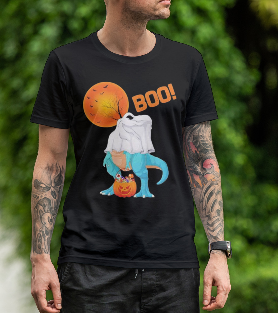 Ghost Dinosaur Rex Boo Halloween Pumpkin Boys Men T-Shirt