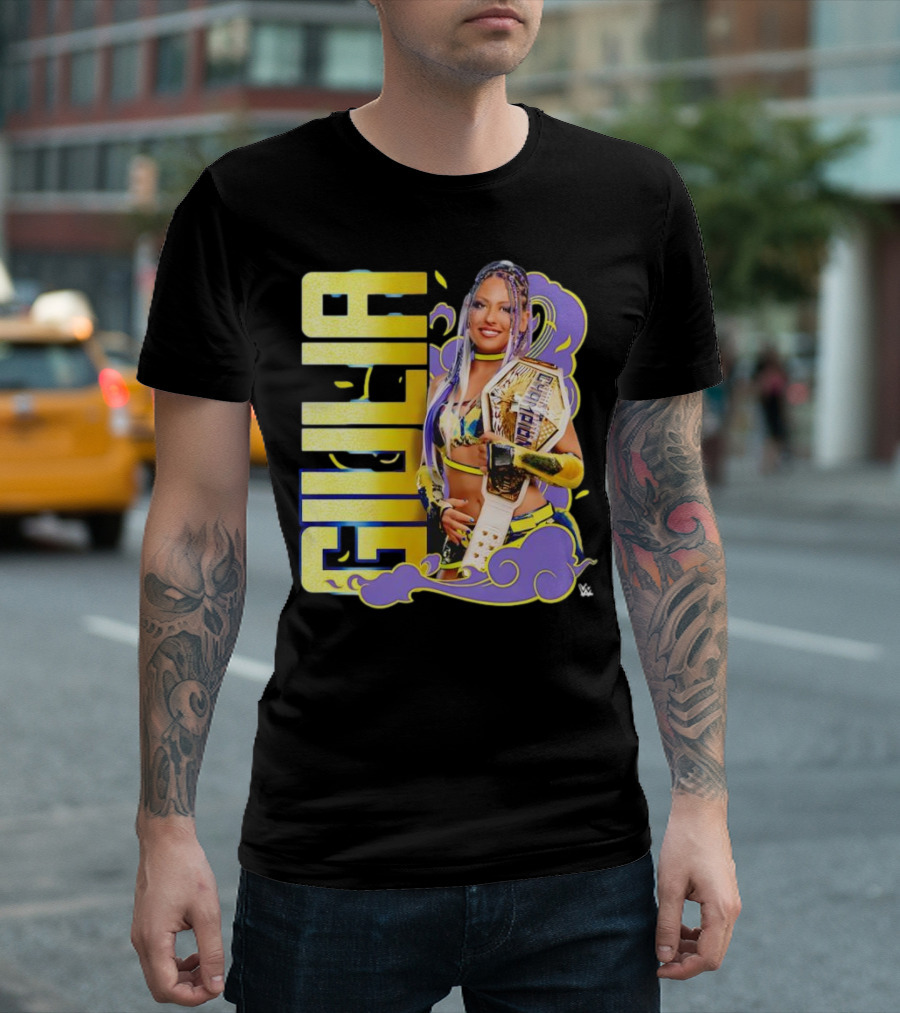 Giulia Smoke Champion Wrestling Character With Belt And Yellow Purple Accents T-Shirt