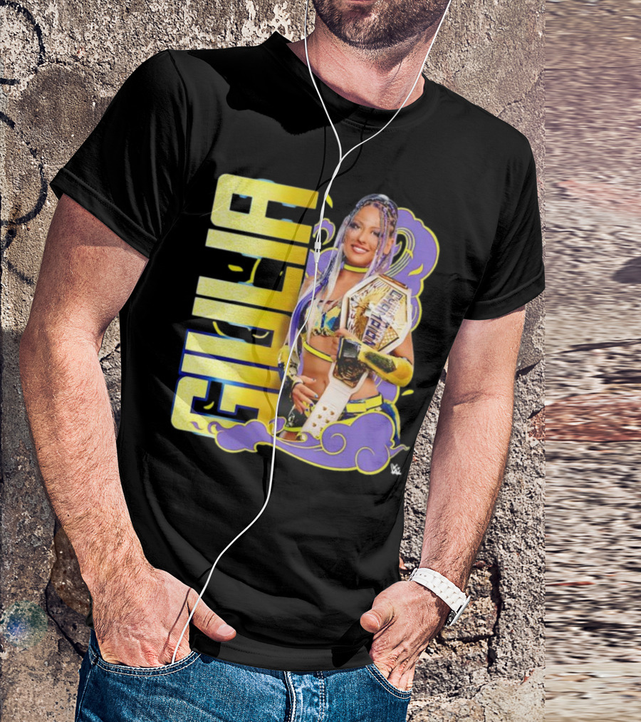 Giulia Smoke Champion Wrestling Character With Belt And Yellow Purple Accents T-Shirt