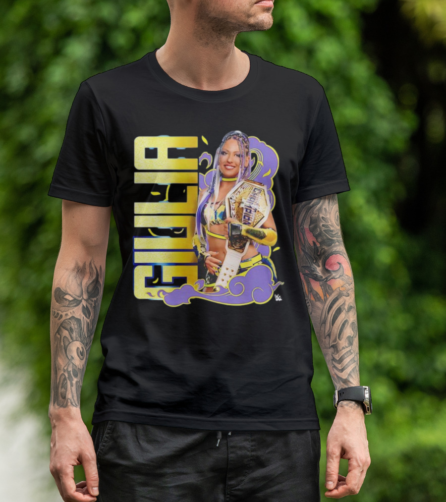 Giulia Smoke Champion Wrestling Character With Belt And Yellow Purple Accents T-Shirt