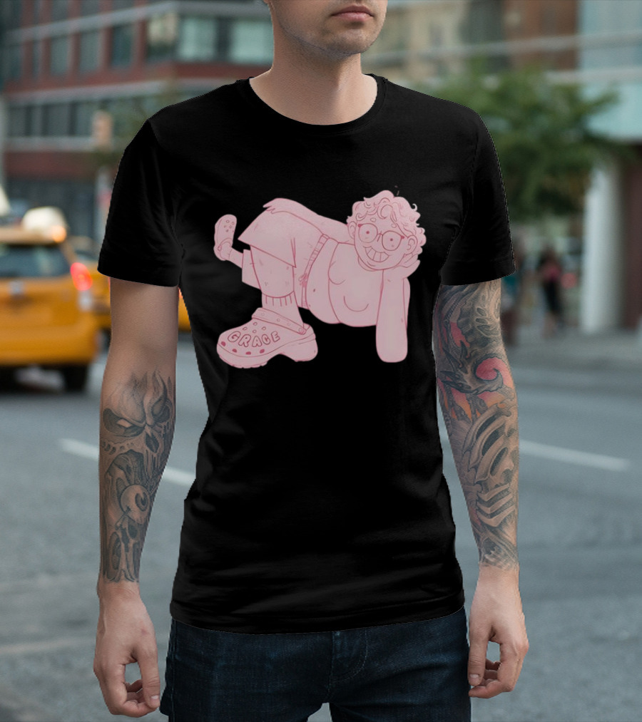 Grace Reiter Crocs Cartoon Character With Pink Outfit And Glasses T-Shirt