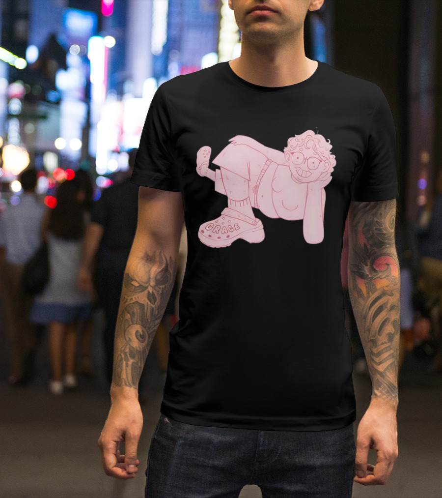 Grace Reiter Crocs Cartoon Character With Pink Outfit And Glasses T-Shirt