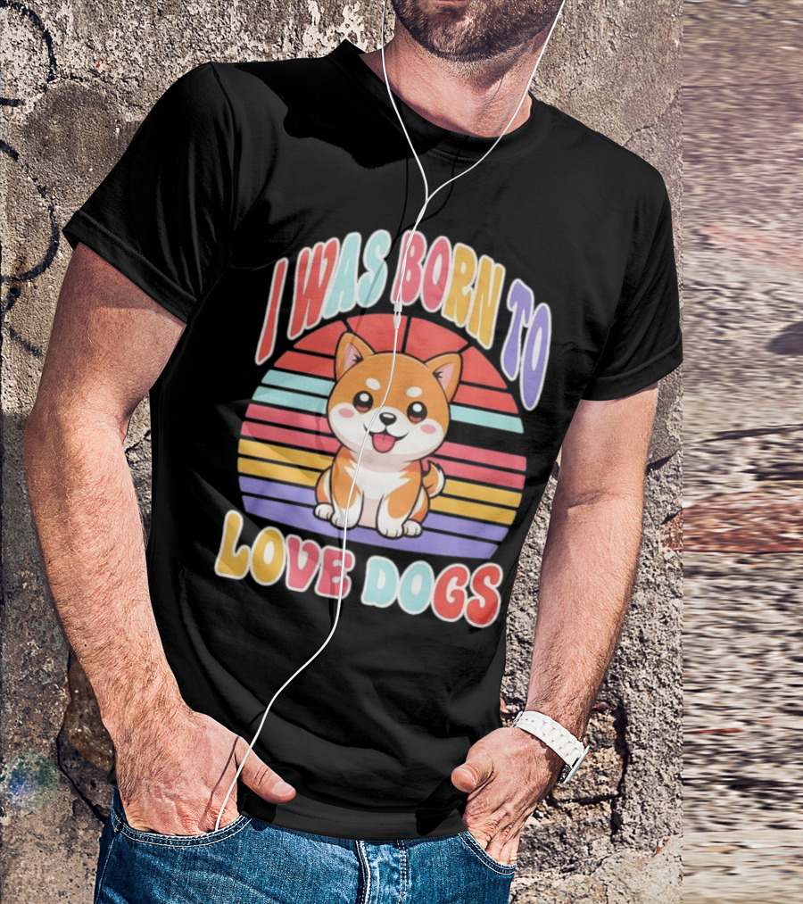I Was Born To Love Dogs Cute Cartoon Shiba Inu Rainbow Colors T-Shirt