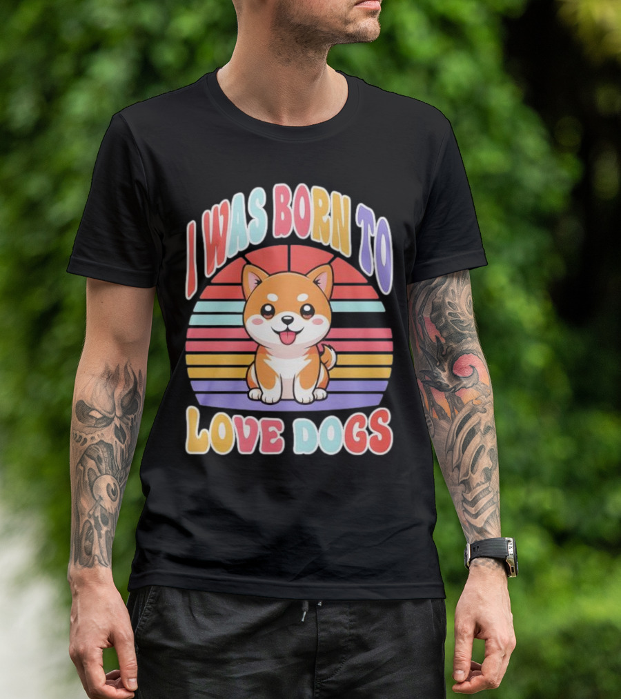 I Was Born To Love Dogs Cute Cartoon Shiba Inu Rainbow Colors T-Shirt