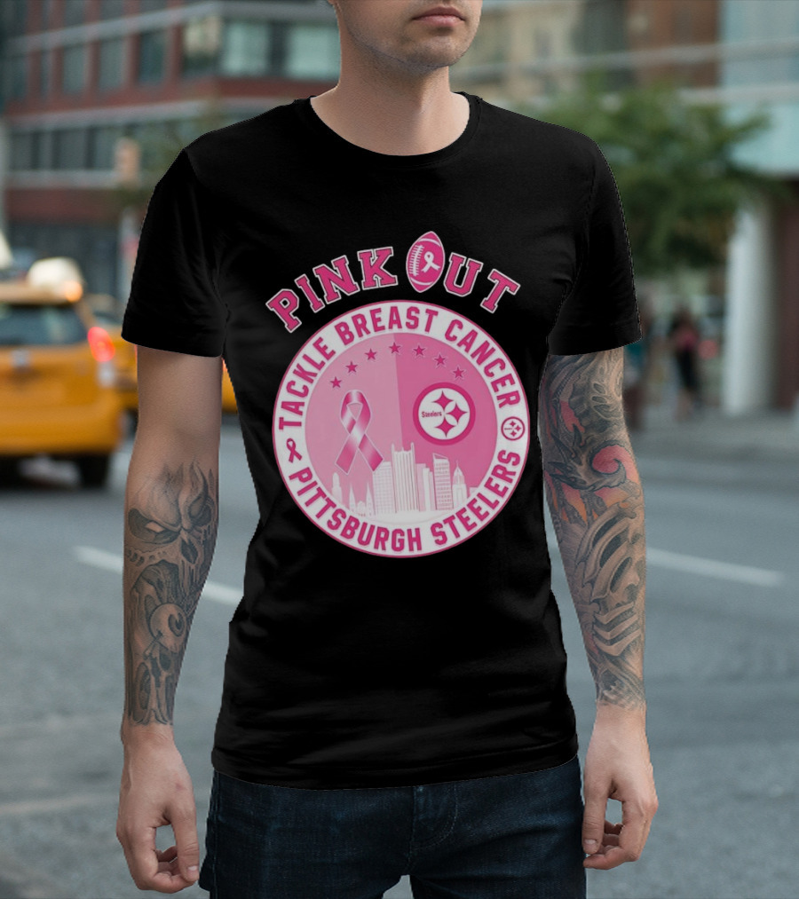 Pink Out Tackle Breast Cancer Pittsburgh Steelers Ribbon Awareness T-Shirt