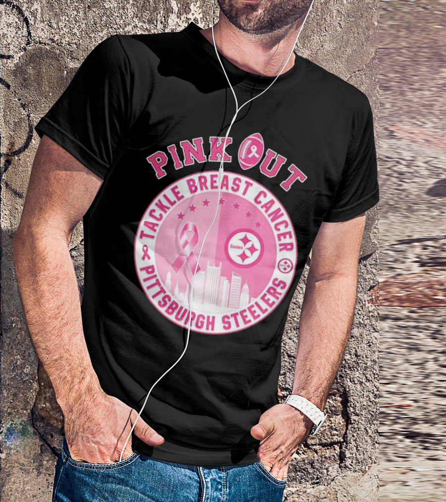 Pink Out Tackle Breast Cancer Pittsburgh Steelers Ribbon Awareness T-Shirt