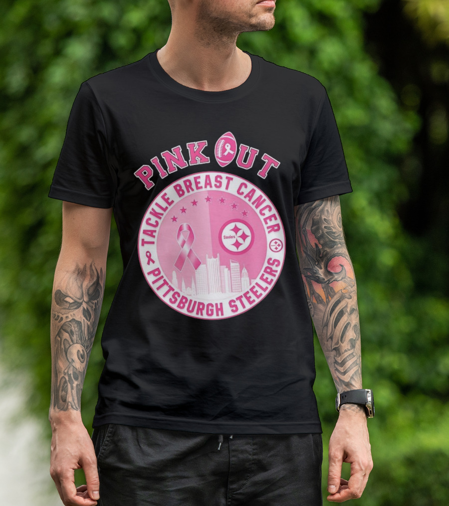 Pink Out Tackle Breast Cancer Pittsburgh Steelers Ribbon Awareness T-Shirt