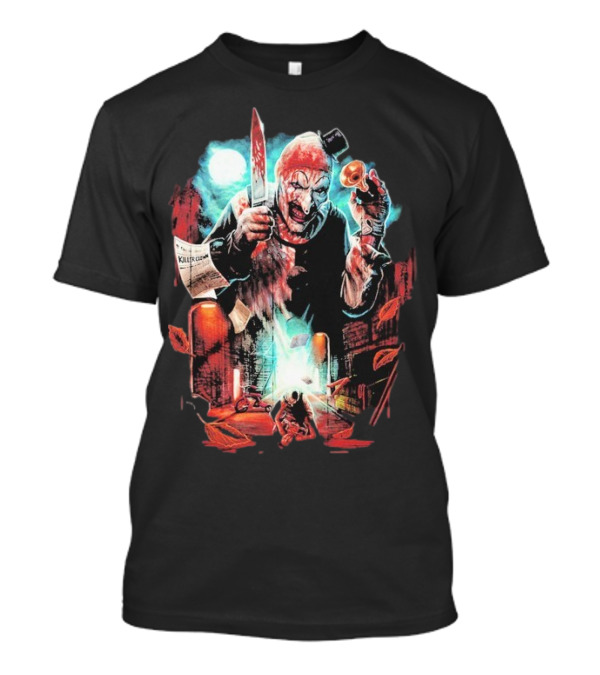 Terrifier Jokes On You Bloodstained Killer Clown With Knife And Newspaper T-Shirt