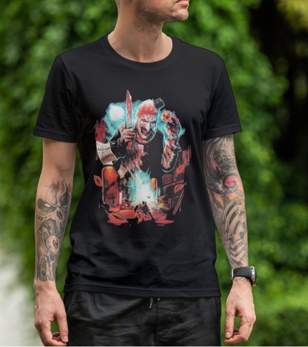 Terrifier Jokes On You Bloodstained Killer Clown With Knife And Newspaper T-Shirt